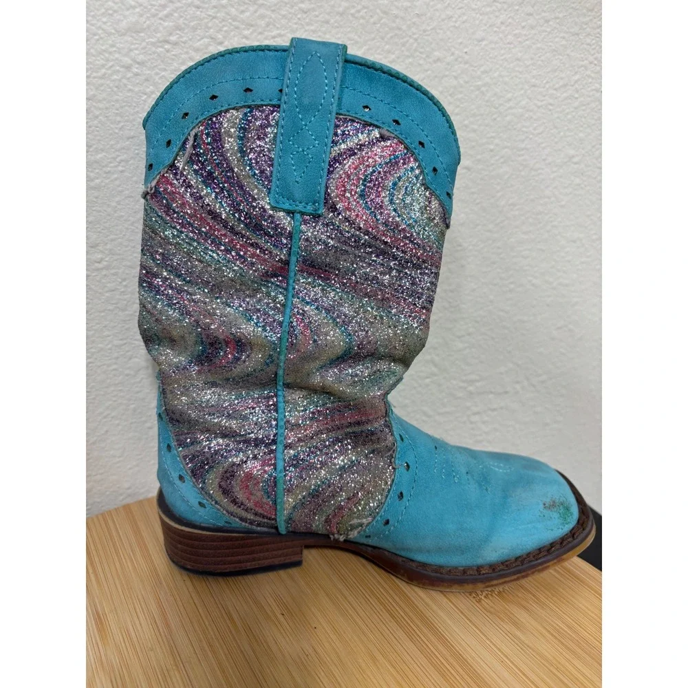 Roper Boots Girl Toddler 10 Glitter Swirl Blue Western Cowboy Sparkly Faux Suede